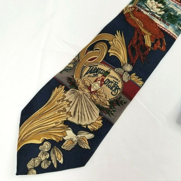 Necktie Navy Blue Tabasco Sauce Oysters J10387 - Picture 1 of 5